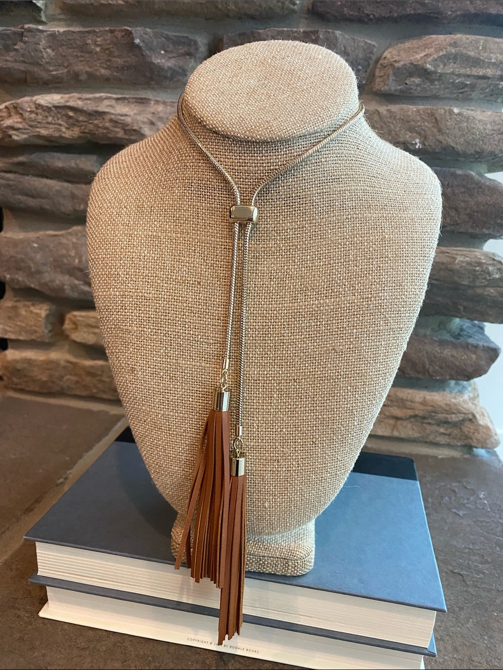 White House Black Market Tan Leather Tassel Necklace